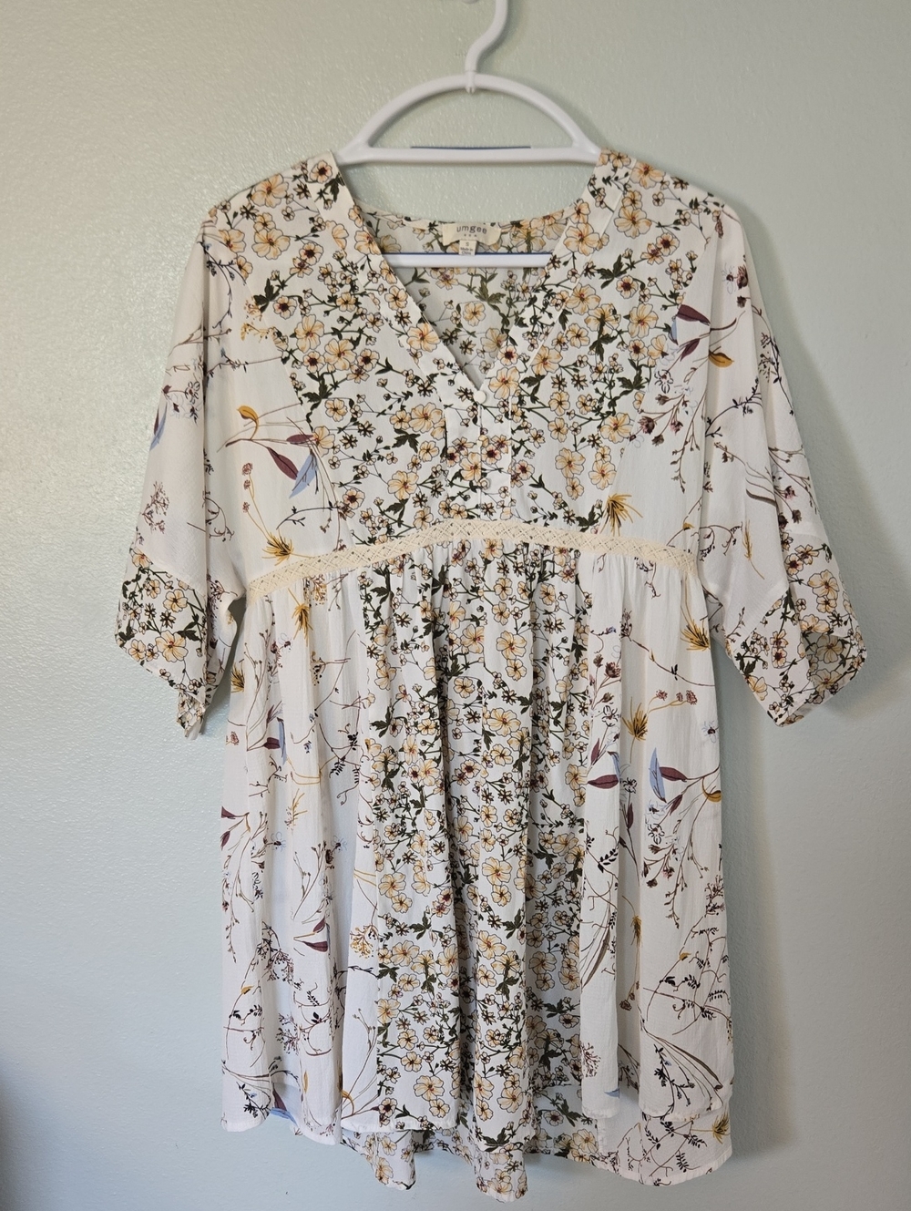 Umgee | Ivory Floral Kimono Sleeves Baby Doll Dress Size Small